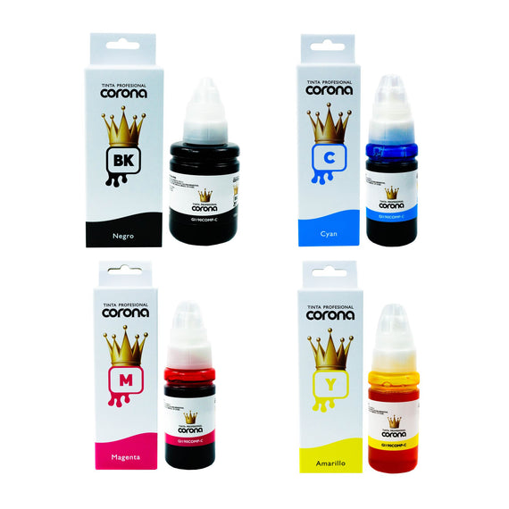 Pack 4 Tinta Corona Compatible Con Canon GI190 CMY 70ml, 135ml K