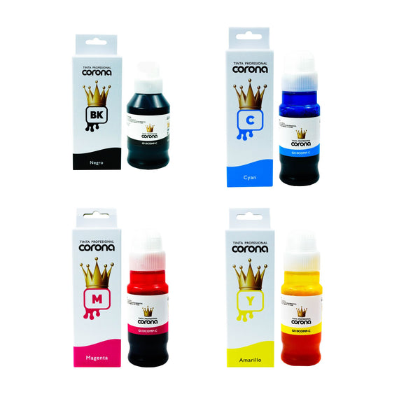 Pack 4 Tinta Corona Compatible Con Canon GI10 CMY 70ml, K 135ml