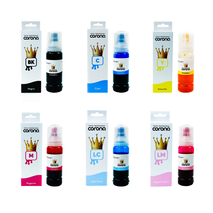 Pack 6 Tintas Corona Compatible con Epson 574 CYMK, LC, LM 70ml