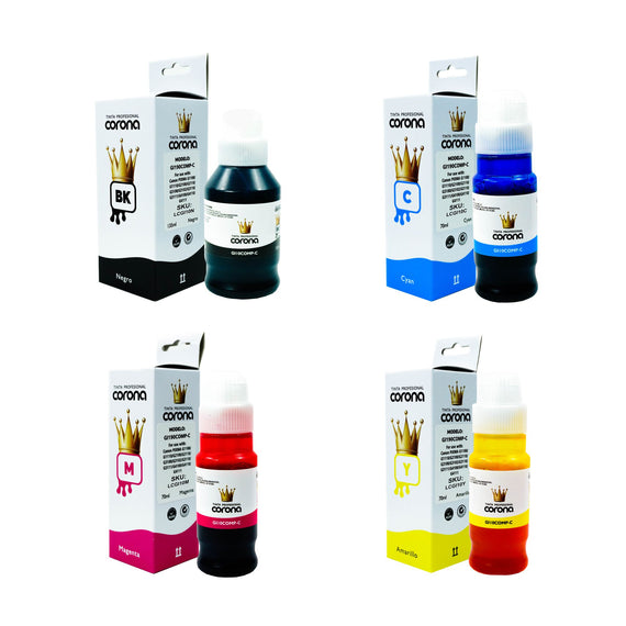 Pack 4 Tinta Corona Compatible Con Canon GI10 CMY 70ml, K 135ml