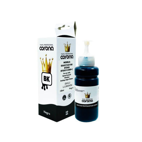 Tinta Corona Universal Compatible Con 664/673/GI190/BTD60/BT6001 Negro 100ml