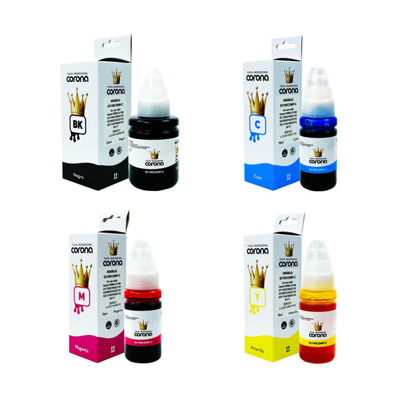 Pack 4 Tinta Corona Compatible Con Canon GI190 CMY 70ml, 135ml K